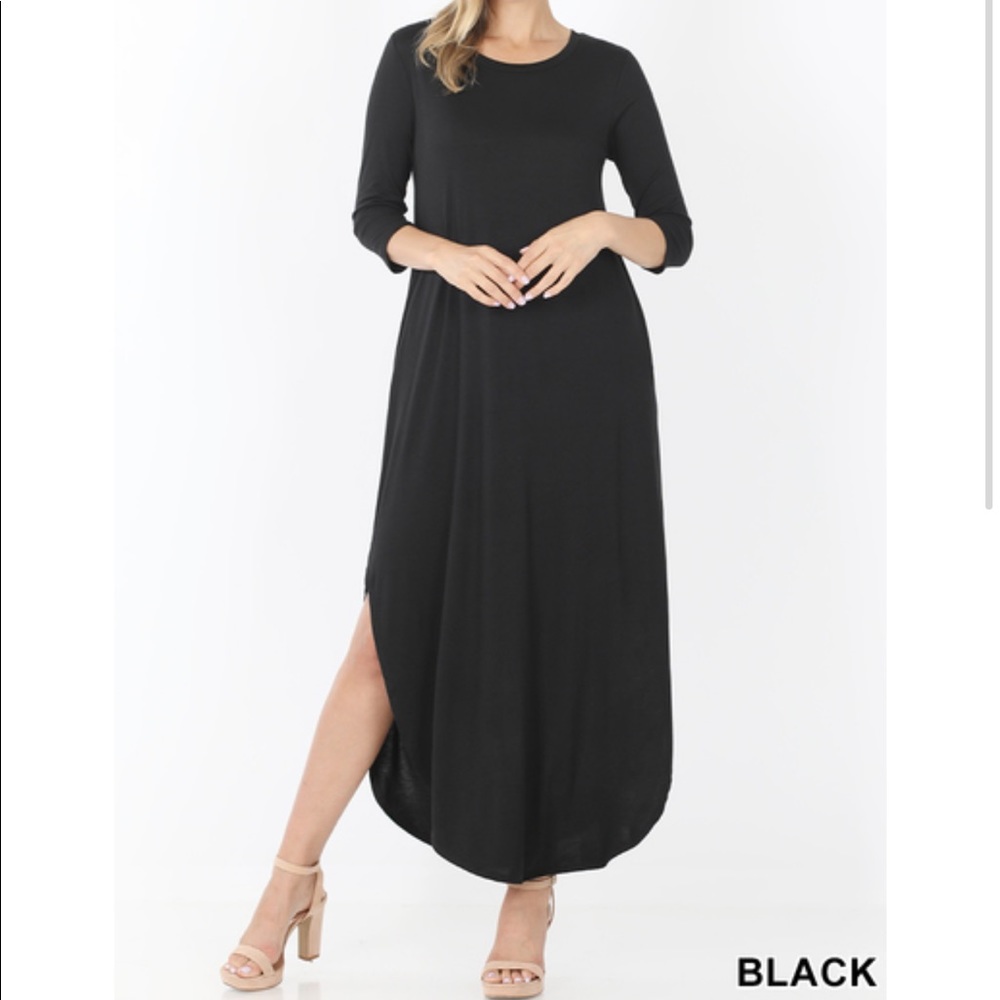 BLACK 3/4 sleeve maxi dress w pockets M L XL - Picture 2 of 3